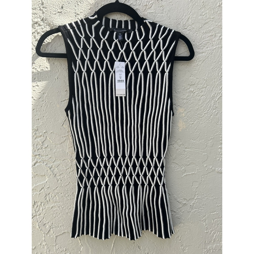 White House Black Market Smocked Peplum Knit Top Black White Mock Neck M NEW